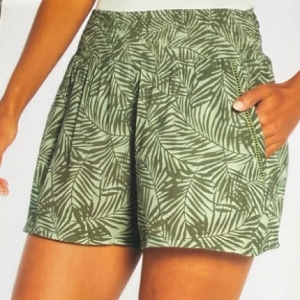 Three Dots Olive Leaf Print High Waist Elastic Waist Shorts XXL NWT
